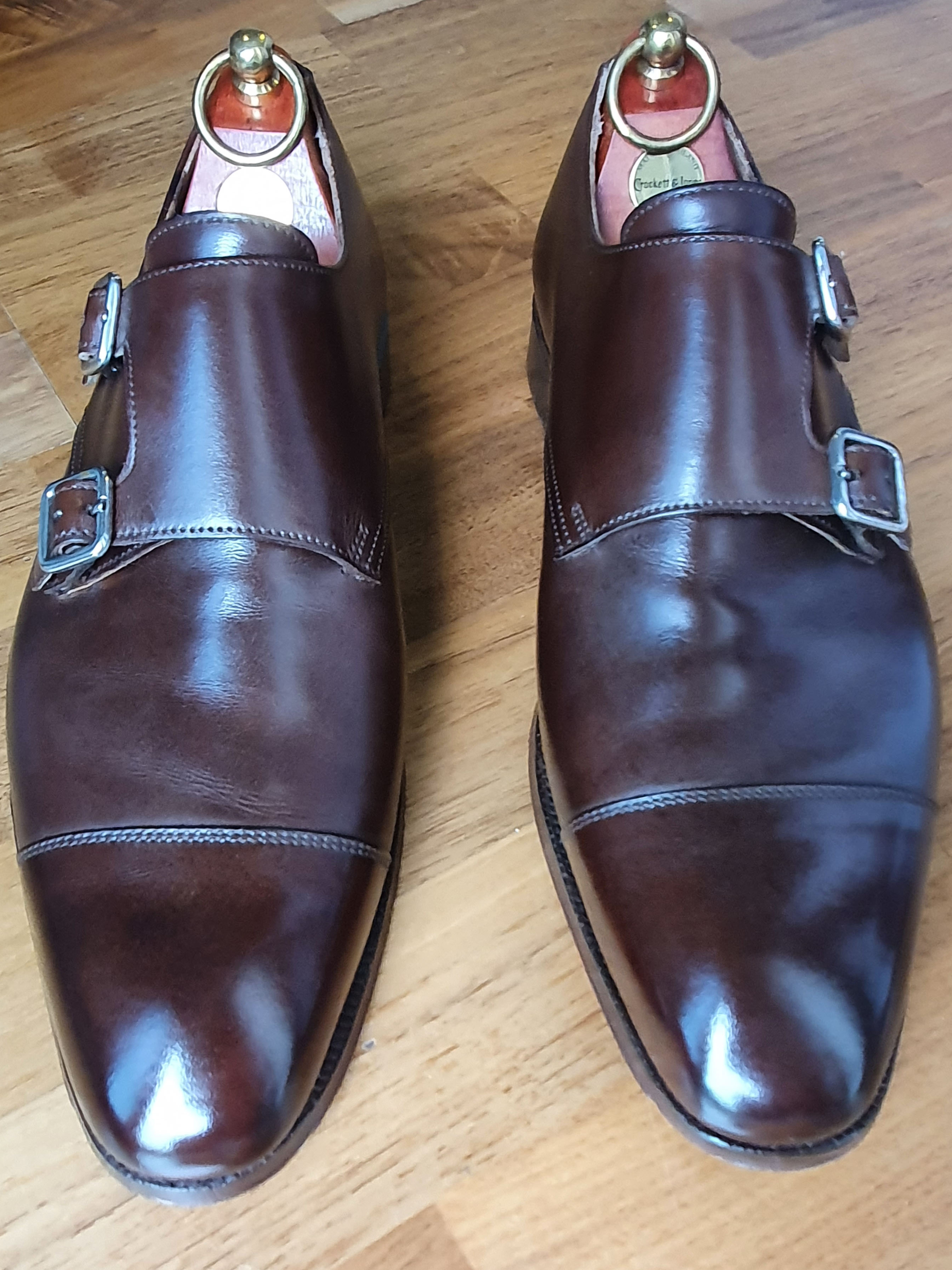 Restored, shiny pair of brown Crockett & Jones double monk shoes